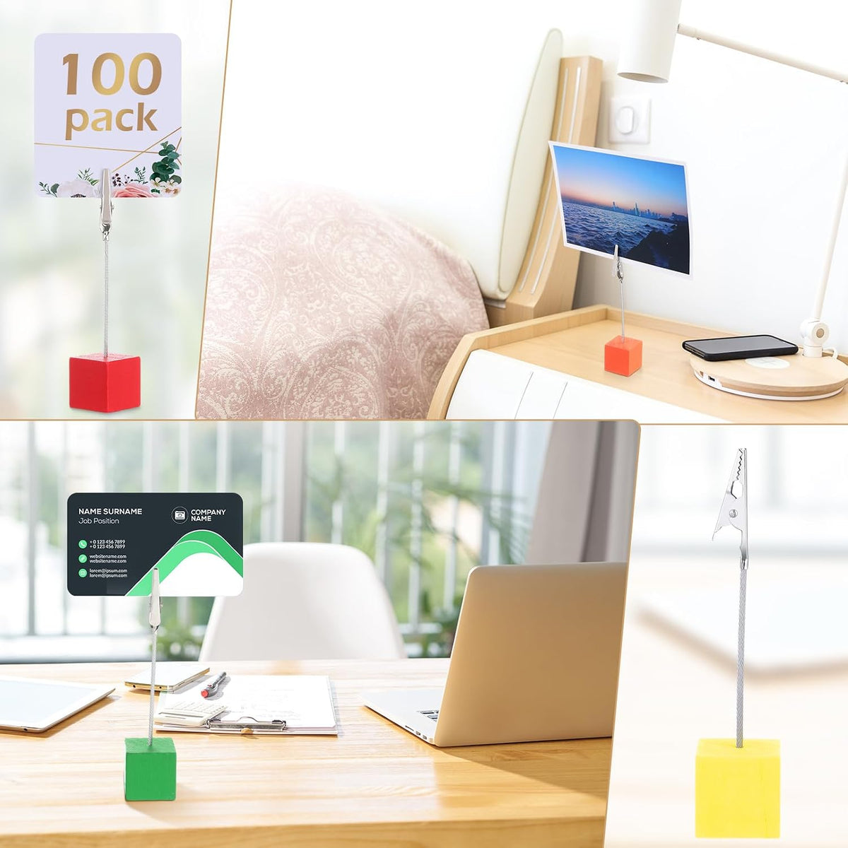 100 Pcs Cube Base Memo Clip Holder with Alligator Clip, Multi Color