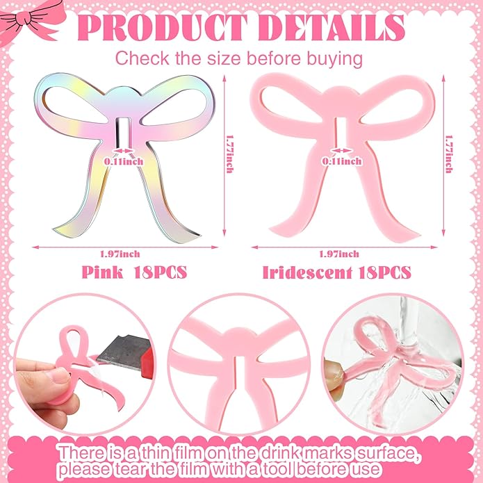 36 Pcs Bow Drink Markers Acrylic Drink Tags Bowknot Wine Glass Charms for Bachelorette Coquette Birthday Cocktail Wedding Decoration Bridal Shower Party Favors