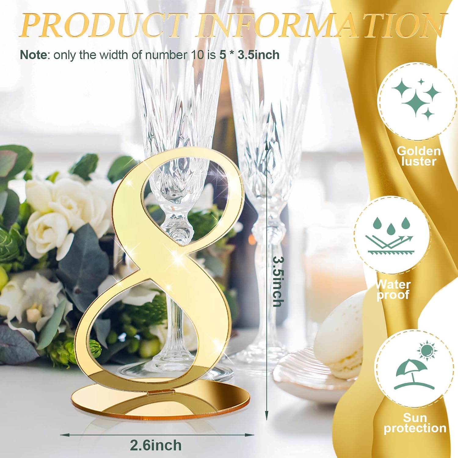 Yalikop 10 Pcs Table Numbers for Wedding 1-10 Reception Wedding Numbers Signs with Holder Elegant Mirror Table Number for Engagement Party Birthday Anniversary Event Catering(Gold)