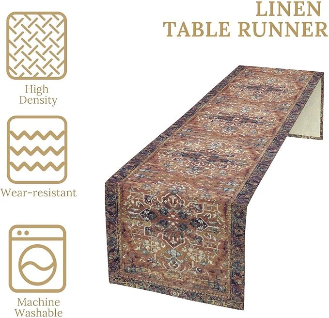 Boho Floral Vintage Table Runner, Purple Brown Retro Flower Rustic Country Farmhouse Abstract Pattern for Home Kitchen Table Decor Dining Coffee Room Party Decor 13x72in