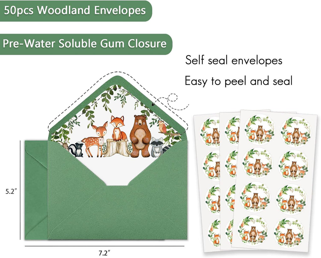 Yuzioey 50 Woodland Baby Shower Invitations, Forest Woodland Greenery Invitations Macthing Envelpoes, Diaper Raffle Tickets, Book Request Cards, Forest Creatures Invitations