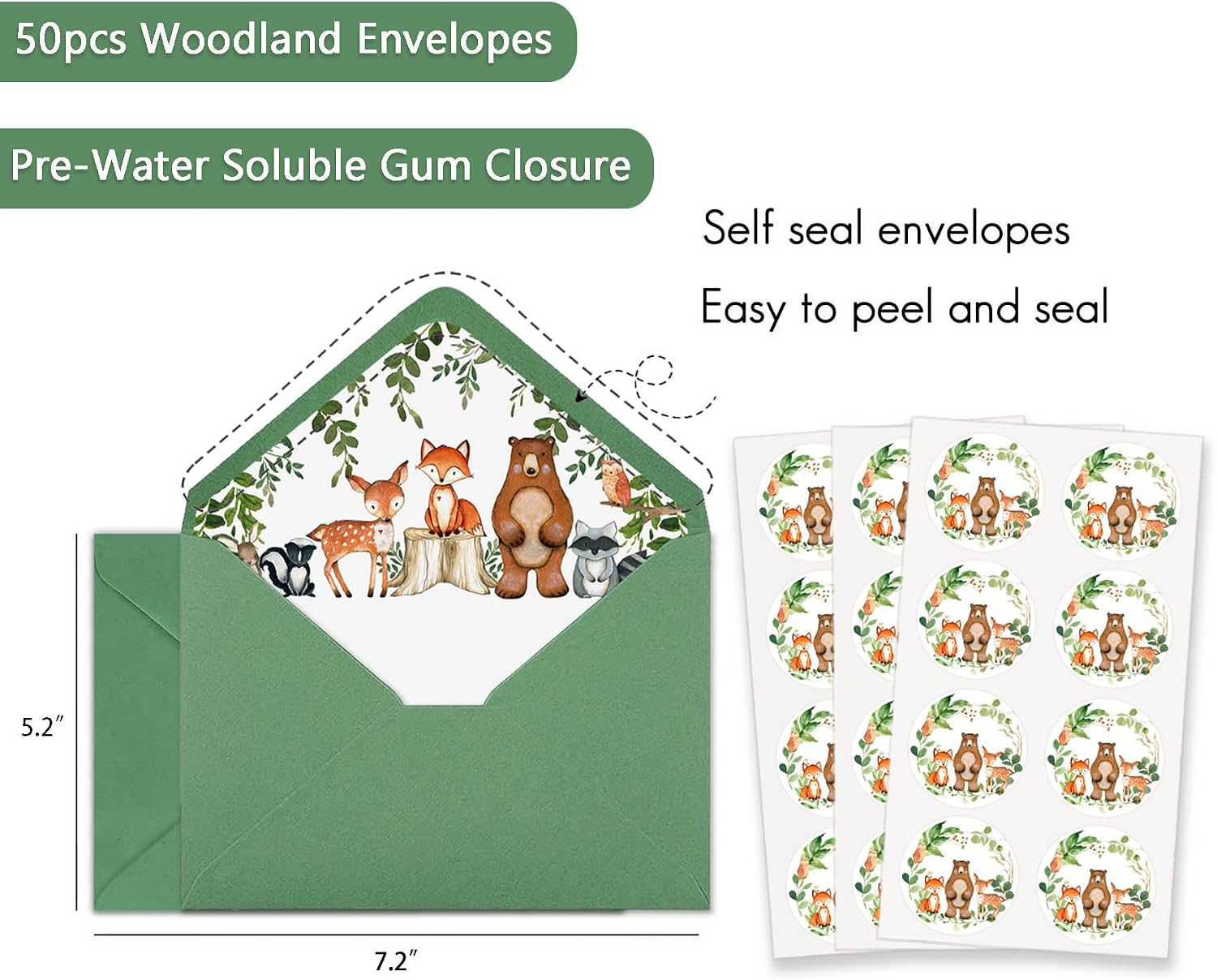 Yuzioey 50 Woodland Baby Shower Invitations, Forest Woodland Greenery Invitations Macthing Envelpoes, Diaper Raffle Tickets, Book Request Cards, Forest Creatures Invitations
