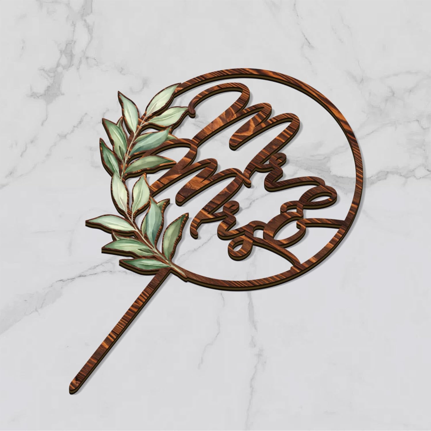 Mr & Mrs Cake Topper Greeny Wedding Cake Topper in Wood (Walnut Texture)