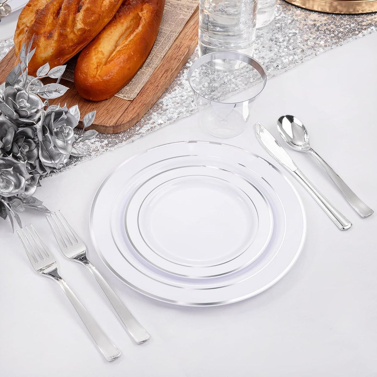 WELLIFE 300Pcs Silver Elegant Plastic Dinnerware Set for 50 Guests - Premium ...