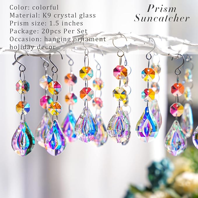20pcs Colorful Crystals Suncatcher for Chandeliers with Hooks,38mm Chandelier Crystals Replacement,Hanging Prisms for Windows,Wedding,Christmas Tree Decoration