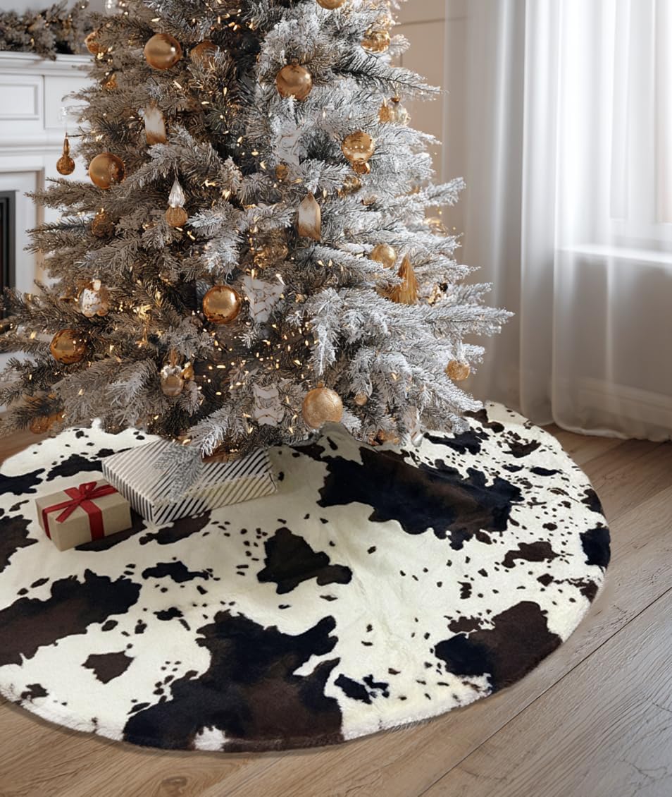 36 Inch Cow Faux Fur Christmas Tree Skirt Holiday Decor for Xmas Tree, Festive Party, Home Decorations