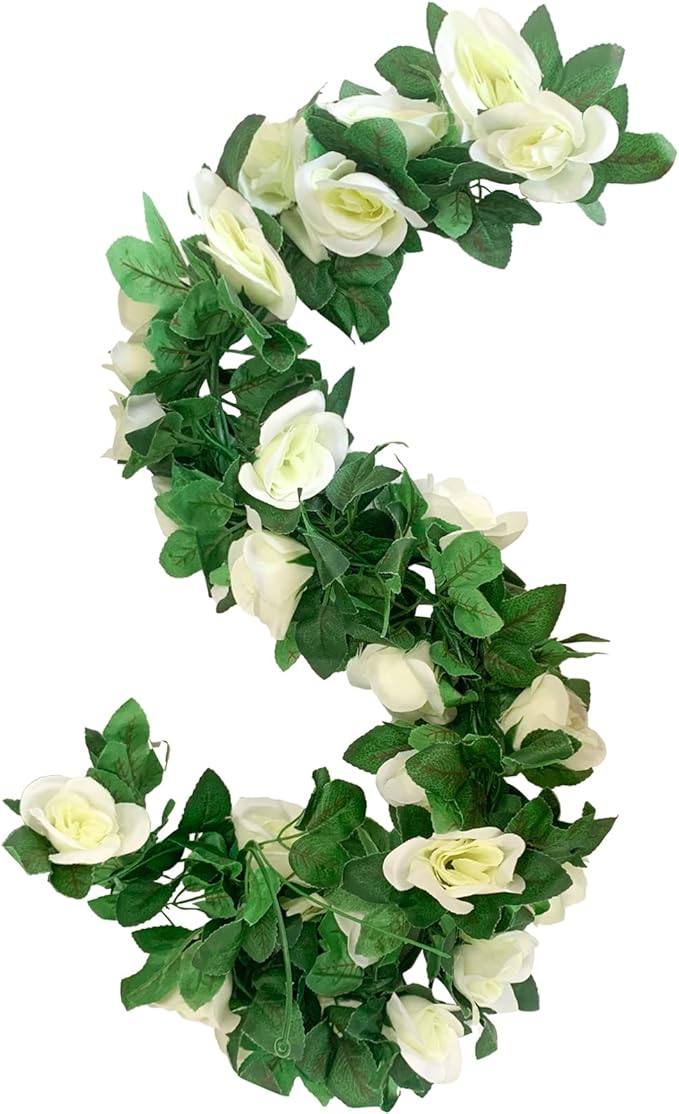 4 Pack Artificial Rose Vine Garland Fake Roses Flowers Plants Vines Hanging Floral Leaves Decoration for Wedding Party Table Garden Arch Wall Home Room Decor(White)