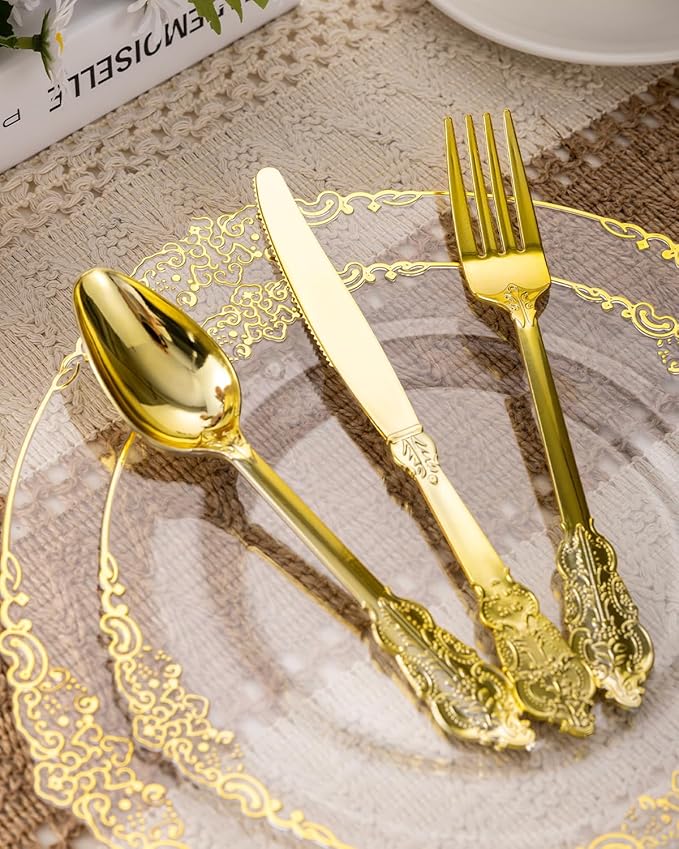 Goodluck 350 Piece Clear Gold Plastic Dinnerware Set for 50 Guests, Fancy Disposable Plates, Include: 100 Gold Rim Plastic Plates, 150 Silverwares, 50 Pre Rolled Napkins, 50 Cups for Party, Wedding