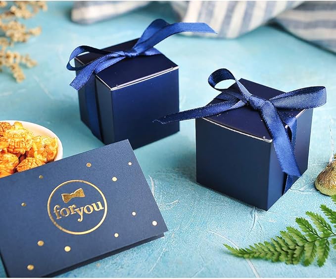 AWELL Navy Blue Gift Candy Box Bulk 2x2x2 inches with Blue Ribbon Party Favor Box,Pack of 50