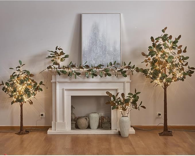 Fudios Magnolia Branches Lights with Timer 32IN 60 LED Battery Operated or USB Plug in Artificial Greenery Magnolia Stems for Spring Decor