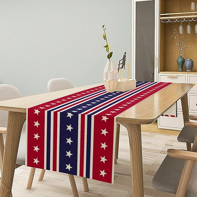4th of July Table Runner, USA Flag Stars Stripes American Independence Day Red Blue White Stars Lines Print Table Cover for Farmhouse Kitchen Indoor Outdoor Home Party, 13x90inch