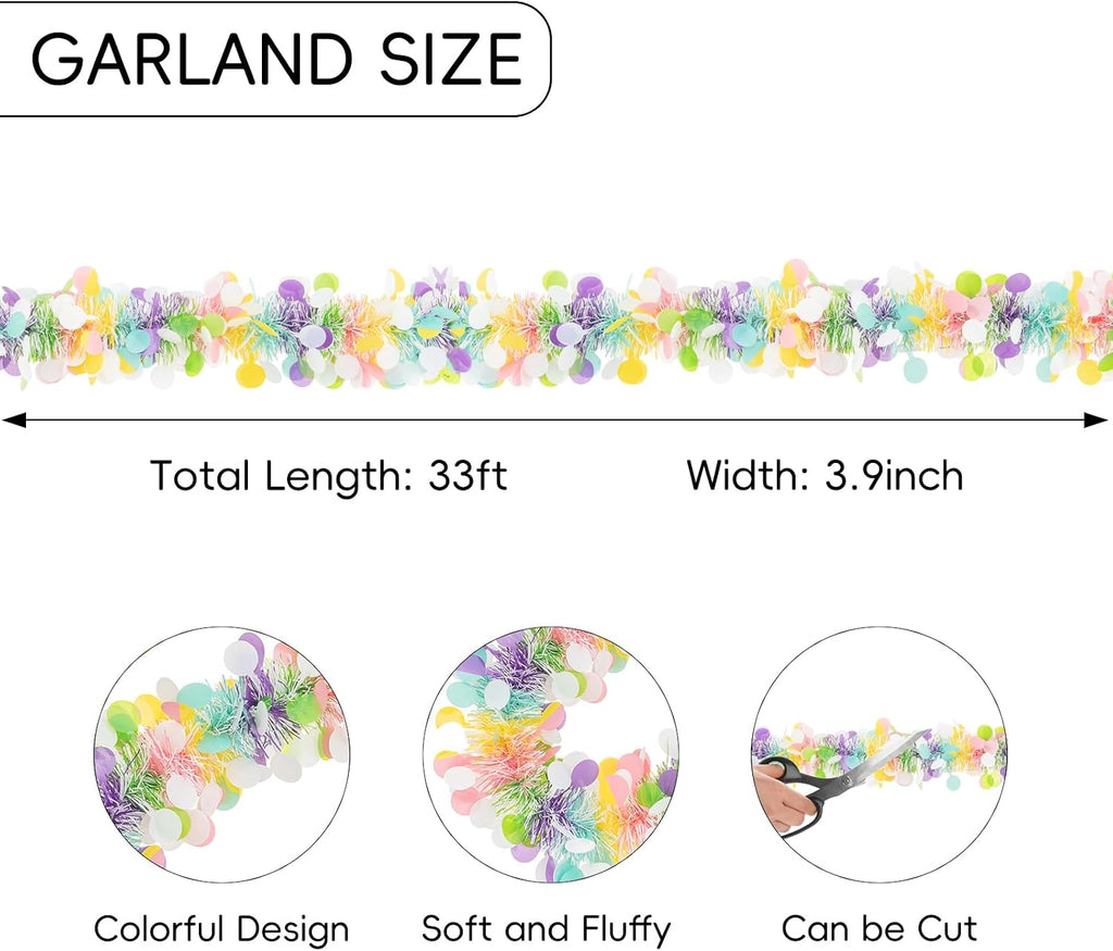 33FT Easter Tinsel Garland Colorful Metallic Twist Foil Tinsel Garland with Confetti Spring Hanging Garland for Easter Party Door Tree Indoor Outdoor Decoration