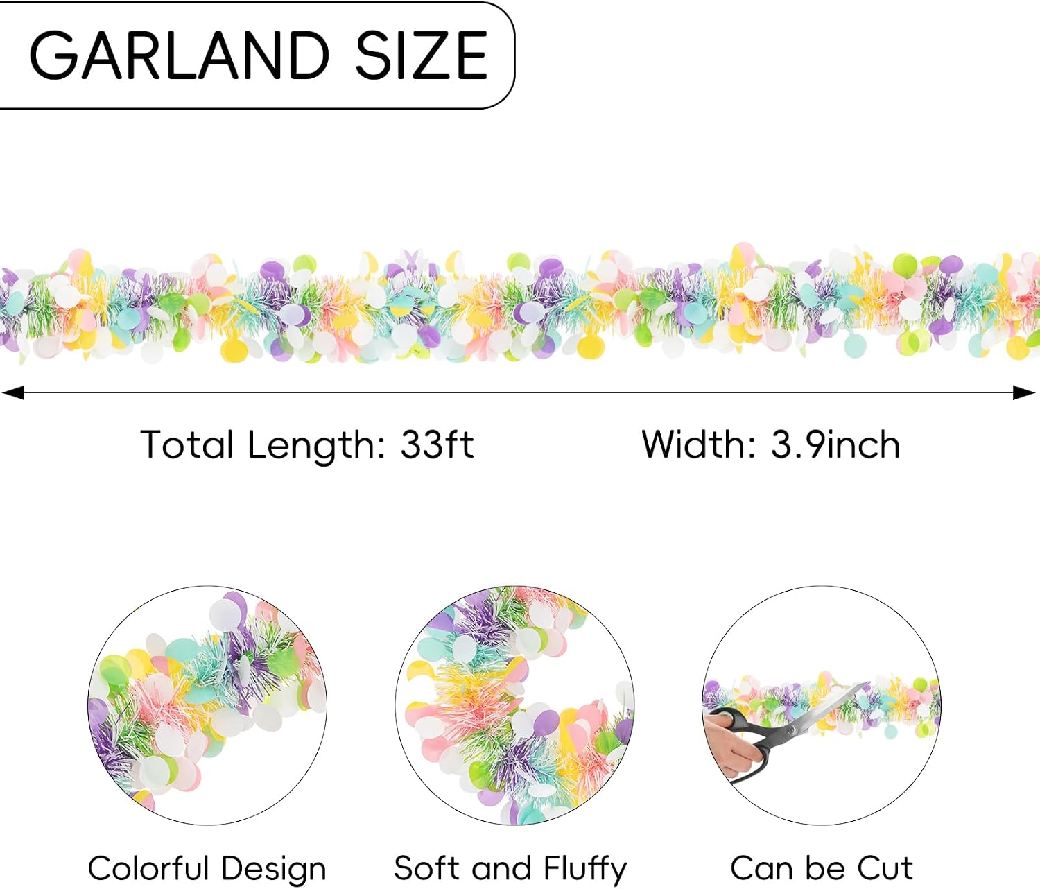 33FT Easter Tinsel Garland Colorful Metallic Twist Foil Tinsel Garland with Confetti Spring Hanging Garland for Easter Party Door Tree Indoor Outdoor Decoration