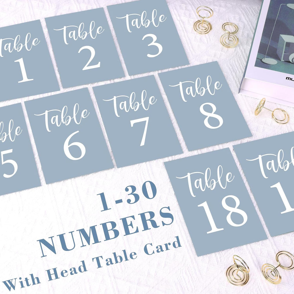 Table Numbers Cards 1-30 Wedding Table Numbers with Holder Table Number Stands Bulk Wedding Table Signs Dusty Blue with Head Table Card for Bridal Shower Wedding Anniversary (Dusty Blue)
