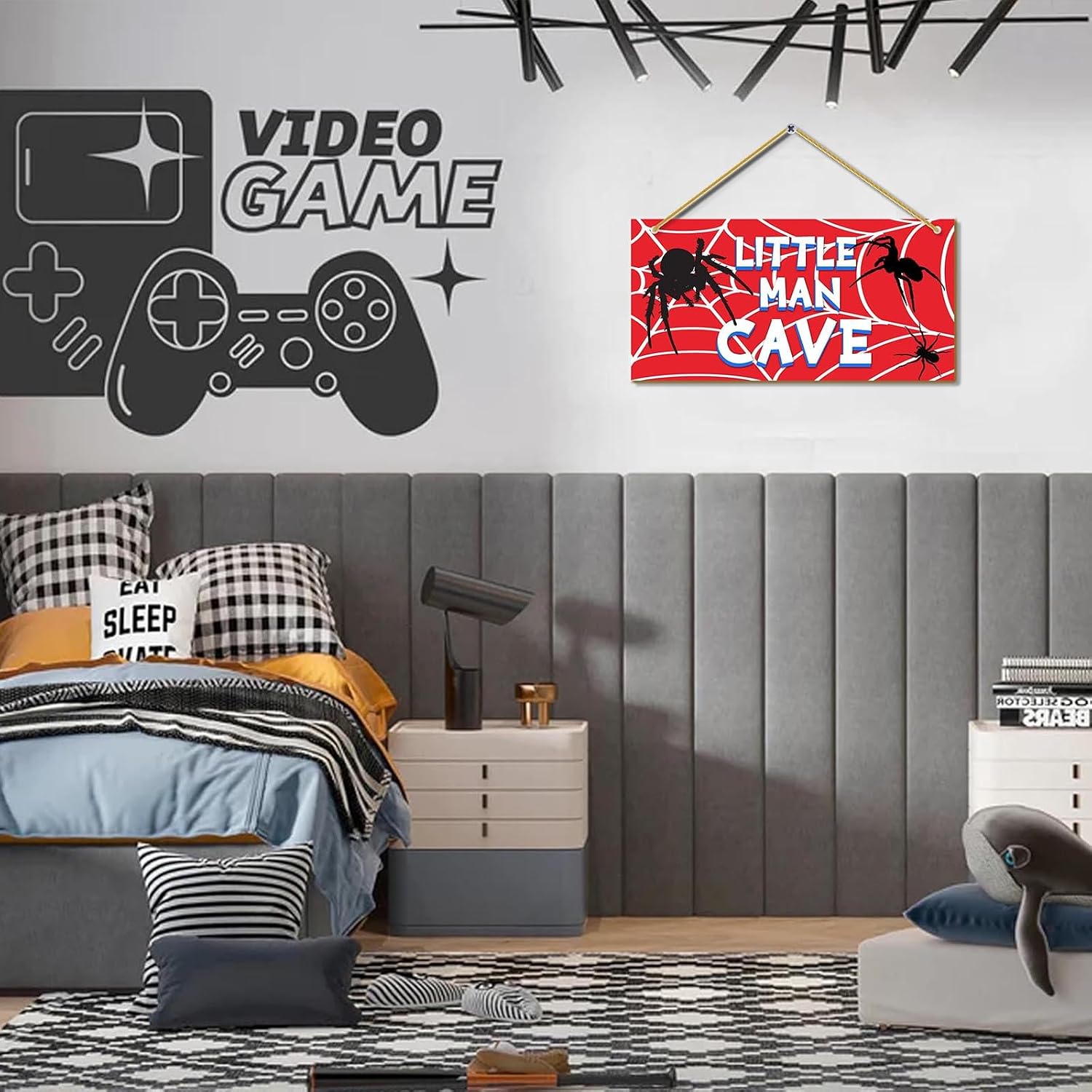 Little Man Cave, Spider Room Decor for Boys Wooden Door Sign Baby Boys Bedroom Wall Decorations for Nursery Toddler Nursery Playroom Wall Art