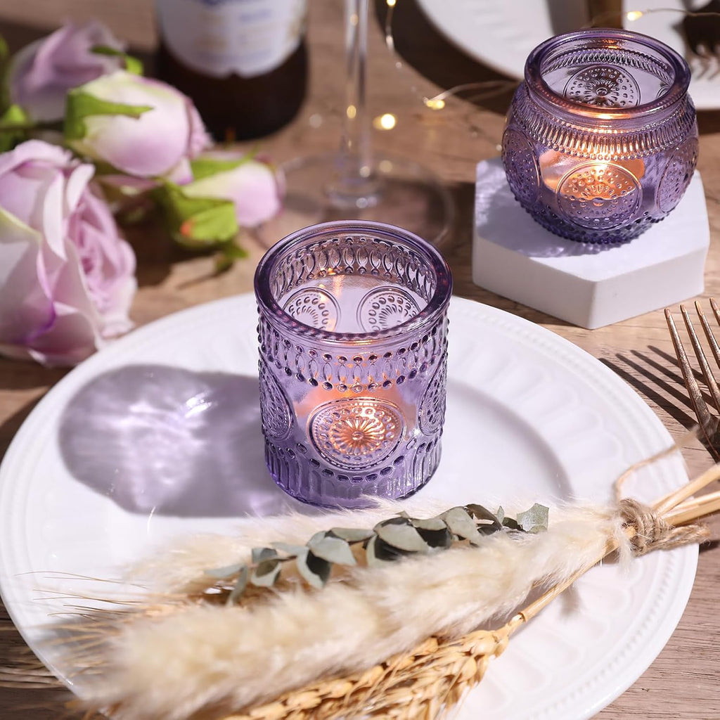 30pcs Assorted Purple Votive Candle Holders for Wedding Decorations, Boho Glass TeaLight Candle Holder, Wedding Table Centerpieces, Bridal Shower Decorations, Retro Purple Party Decor, Party Favors