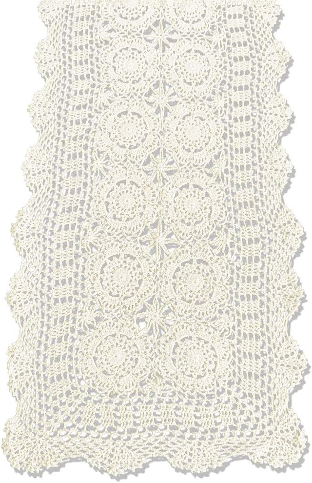 KEPSWET Cotton Handmade Crochet Lace Table Runner Beige Rectangle Coffee Table Dresser Decor (14x48 inch)