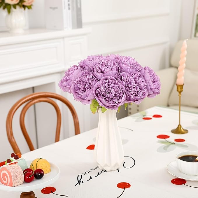 U'Artlines Artificial Peony Silk Flower with Stems 10pcs Real Look Vintage Peonies for Home Wedding Decoration (Purple)