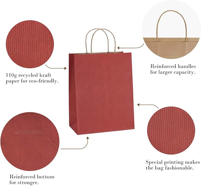 BagDream Gift Bags 8x4.25x10.5 50Pcs Red Kraft Paper Bags with Handles Bulk, for Shopping, Retail, Merchandise, Party Favor, Gifts, Business, Recycled Kraft Paper Sacks