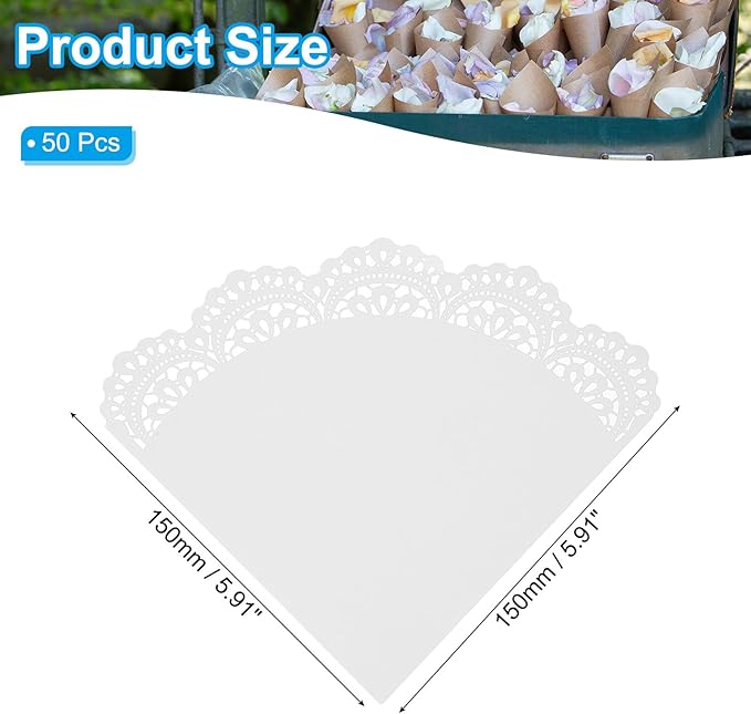 PATIKIL Wedding Confetti Cones, 50 Pcs Paper Tapers Hollow Print Lace Cone Bouquet for Party Candy Gift Boxes Chocolate Bags Buffet Bachelor Party Petals, White