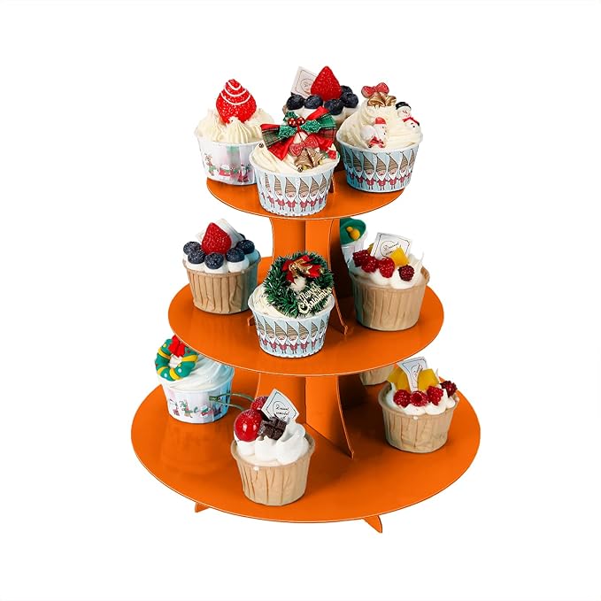 2Pcs 3-Tier Cupcake Stand, Cake Stand holder, Tiered DIY Cupcake Stand Tower for Dessert Table Displays, Birthday Theme Party Favors Decoration, Floral Tea Party, 12" W x 12.8" H, Orange