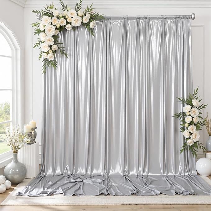 gogoparti 20X10 FT Silver Backdrop Curtain for Parties, Glitter Photo Backdrop Drapes, 4 Panels of 5x10 FT Wrinkle-Free Sequin Curtain Drapes for Wedding, Birthday, Christmas Photography