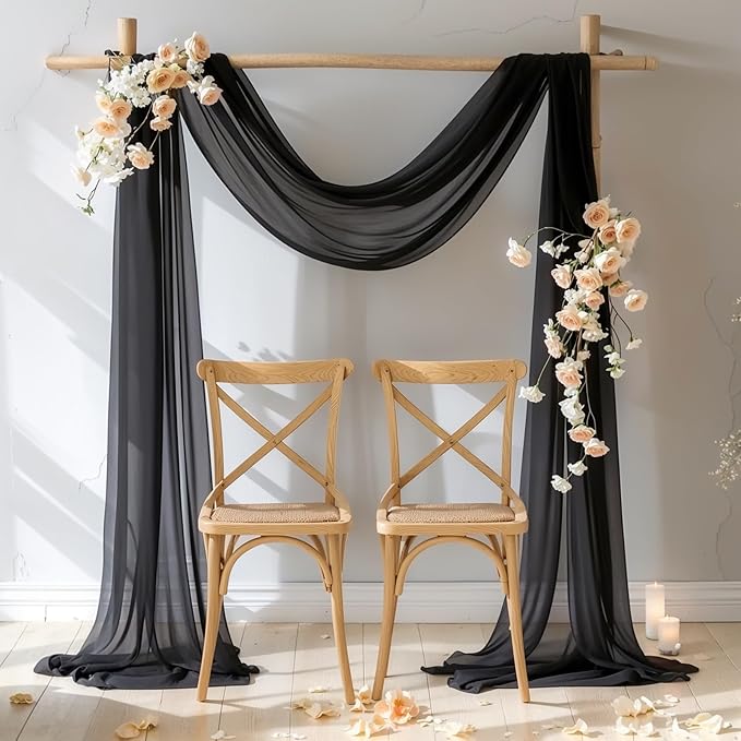 PARTISKY Wedding Arch Draping Fabric 19FT Black Drapery Sheer Curtains for Backdrop Wedding Arch Decorations for Ceremony Stage Reception Banquet Party（1 Panel）, Black