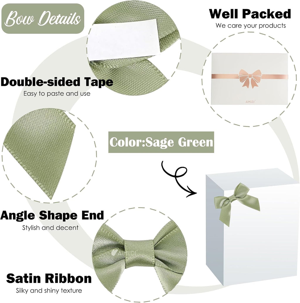 AIMUDI Sage Green Satin Premade Bows, 2" with Double-Sided Tape, 50 Count, Multi-purpose Occasions, Wedding, Baby Shower, Birthday Party