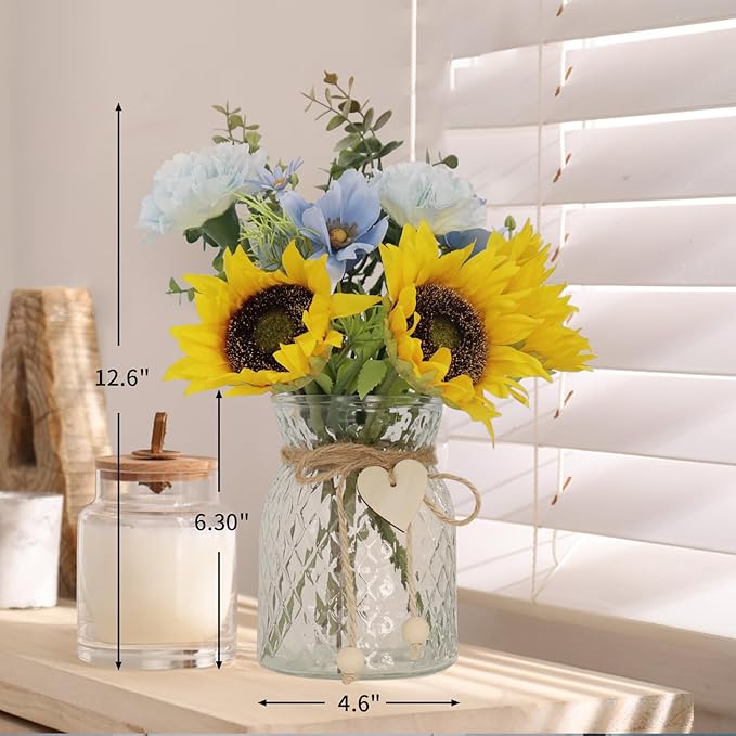 Leftover Faux Flowers in vase,Table centerpieces for Dining Room,Blue-Yellow Sunflower Flower centerpieces for Tables