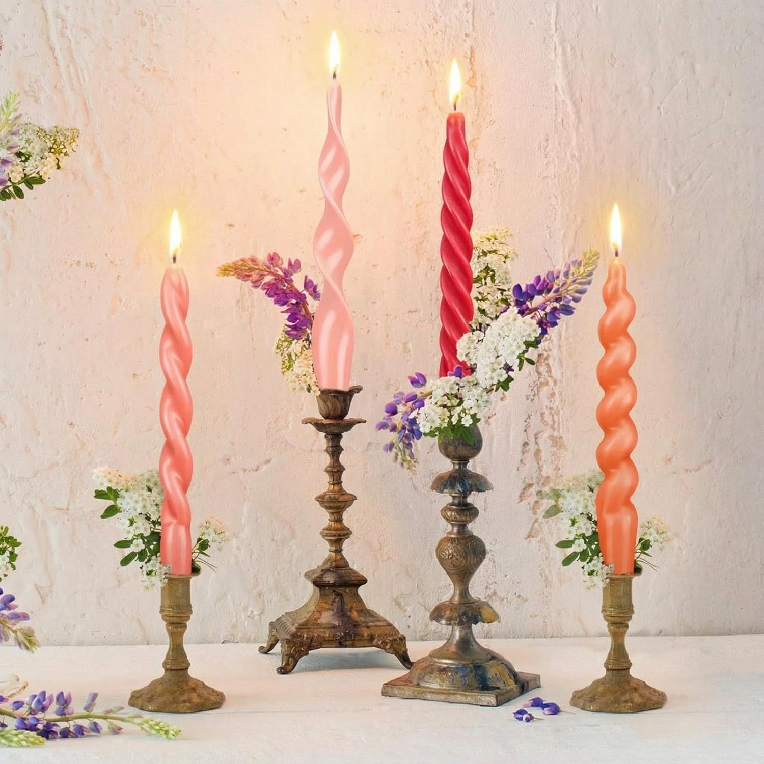 Nuanchu 4 Pcs Twisted Taper Candles Wax Unscented Smokeless Spiral Swirl Candlesticks for Wedding Holiday Dinner Party Home Decorations(7.87 Inch,Pure,Pink)