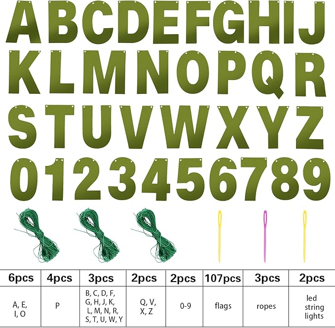 TaoBary 112 Pcs DIY Letter Kit Glitter Customizable Banner Letters Include 107 Letters and Numbers 3 Rope and 2 Needles for Birthday Halloween Christmas Wedding Valentine Party Decor(Bright Green)