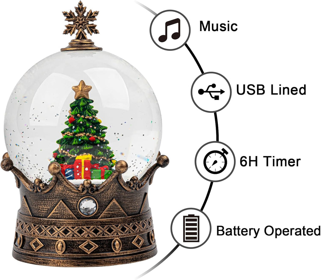 Snow Globe Lighted Christmas Decorations, Christmas Tree Musical Crown Snow Globe with Swirling Glitter, Christmas Holiday Party Gifts and Decorations