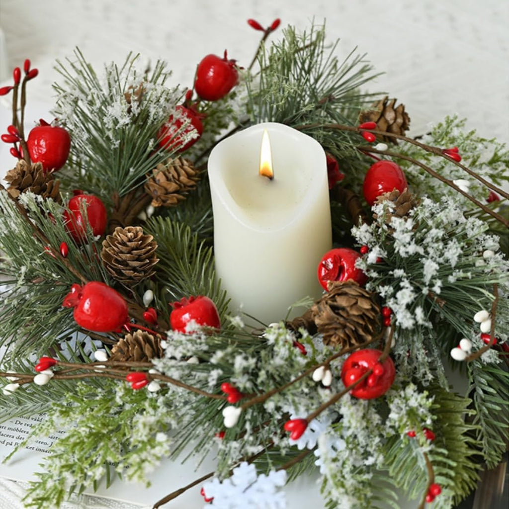 2 Pcs Christmas Candle Rings Wreaths Berries & Pinecone Candle Rings Artificial Norfolk Pine Candle Holder 12" for Winter Home Kitchen Table Centerpiece (Red)
