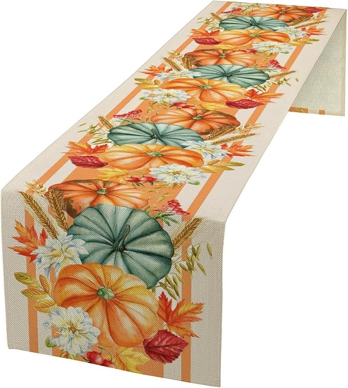 Autumn Table Runner,Orange Pumpkin Flowers Leaves Fall Table Runners Seasonal Kitchen Dining Table Decor for Thanksgiving Harvest Home Holiday Party 13x120 Inch