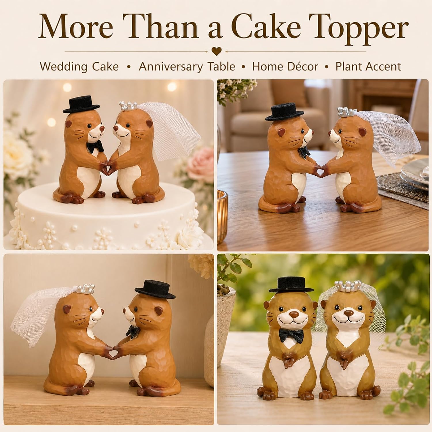 Funny Wedding Cake Toppers, Otter Bride and Groom Couple Cake Topper for Wedding Engagement Anniversary, Unique Cute Figurine Keepsake with Veil and Top Hat