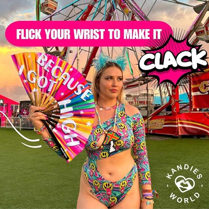 Kandies World Custom Festival Folding Hand Fan - Unique Designs, Made of Bamboo, Clacking Sound, Lightweight - Perfect Rave and Festival Accessory!