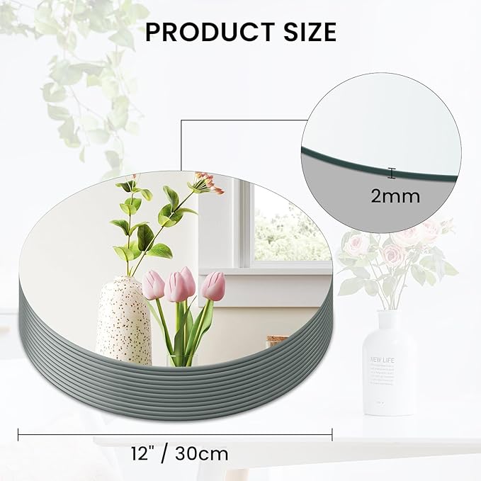 Round Mirror Centerpieces, Set of 12 Pcs 12" Round Glass Mirror Centerpieces for Tables, with Anti Slip Pads, Glass Trays for Wedding Decorations, Parties, Baby Shower Party