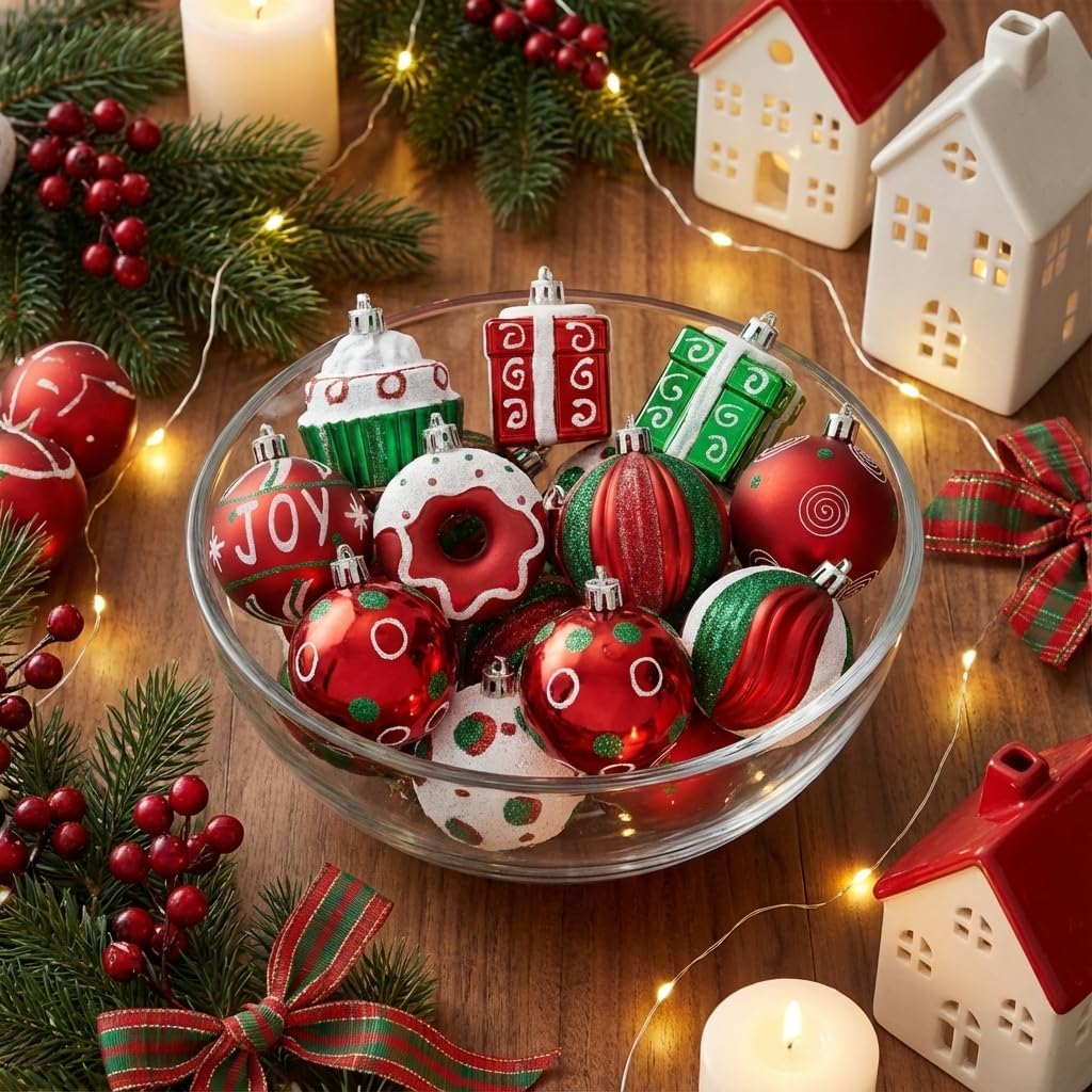 Valery Madelyn Christmas Tree Ornaments Set, 16ct Candy Cane Red Green White Shatterproof Christmas Tree Decorations Bulk, 2.36 Inch Decorative Hanging Ball Ornament for Xmas Trees Holiday Decor