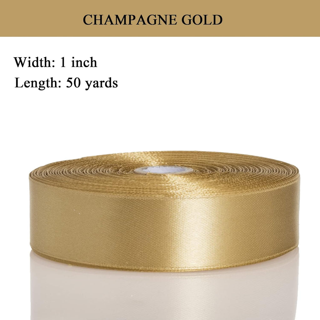 YASEO 1 Inch Champaign Gold Solid Satin Ribbon for Gift Wrapping, 50 Yards | Soft, Satiny, Colorfast, Polyester Fabric, Ease of Use, Bouquets, Decor, Crafting DIY, Leis, Christmas, Wedding