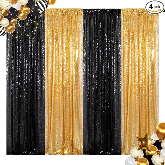 ShinyBeauty Gold and Black Backdrop 2FTx8FT Sequin-Backdrop 4Pieces Photograph Backdrops Sparkle Curtain Panels Black Sequin Curtains Glitter Background for Wedding/Graduation Halloween Decor
