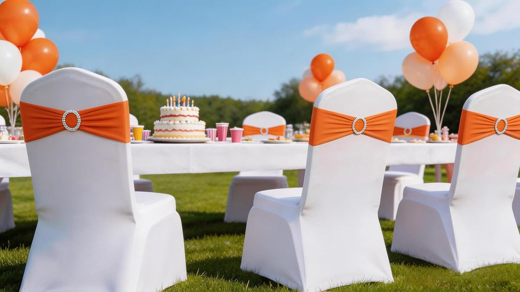 50 Pack Spandex Orange Chair Sashes for Wedding Stretch Chairs Bows Bands with Slider Buckles for Party Birthday Feast Banquet Restaurant Halloween Christmas Events Decorations