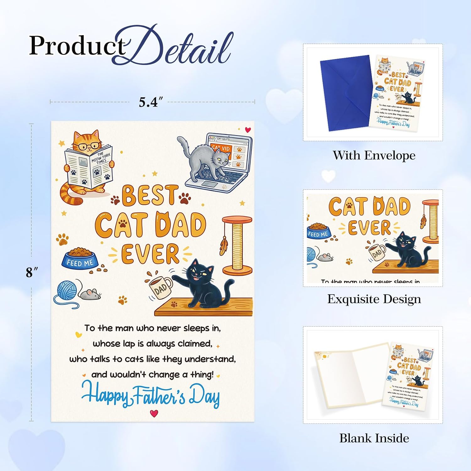 FaCraft Funny Fathers Day Card from Cat - 8x5.5 Best Cat Dad Ever Humorous Happy Fathers Day Card for Husband, Grandpa - Unique Pet Parent Gift Set with Envelope, Seal from Daughter Son