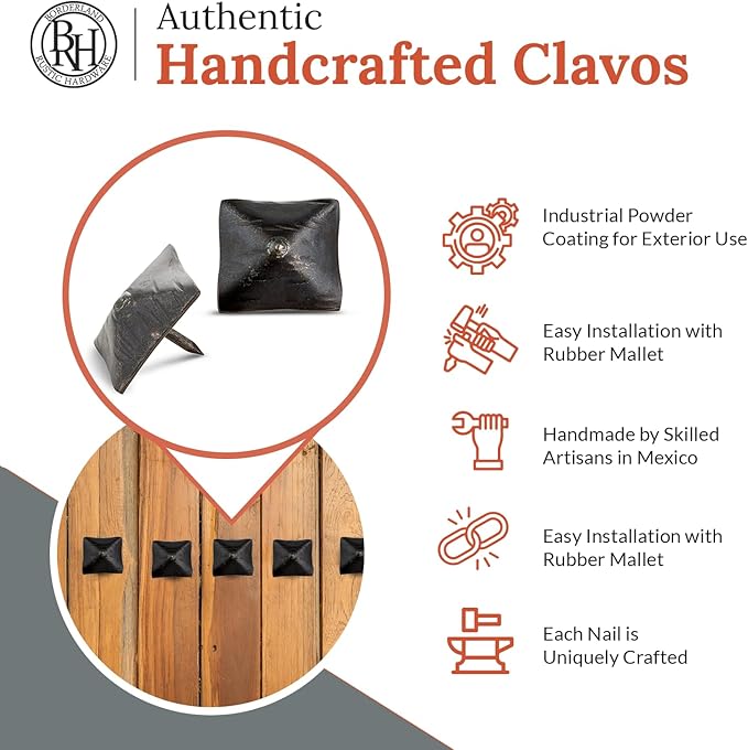 10 Pack 1.25" Square Head Iron Clavos Decorative Nails – Sealed Unfinished – Handmade Rustic Square Fasteners for Farmhouse Shutter, Barn Doors, Shutters, and Gates – Ornamental Wood Accent