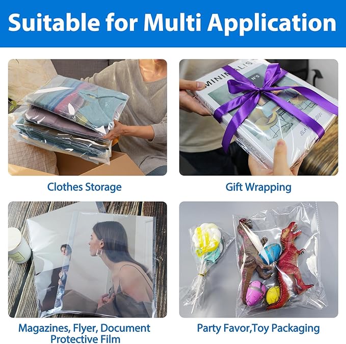 PigPotParty 12"x15" Self-Sealing Clear Cellophane T-Shirt Bags with Adhesive, 100 Pack Plastic Cello Packaging for Clothes, Gifts, Magazines, A4, Envelope, Letter & Small Business Use
