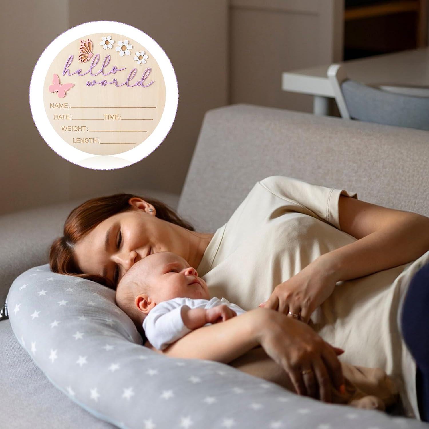 Hello World Newborn Sign, 5.9 Inch Wooden Baby Announcement Sign Pink Butterfly Style Birth Welcome Board for Newborn Boys Girls Photo Props Baby Shower Hospital Nursery (Purple)
