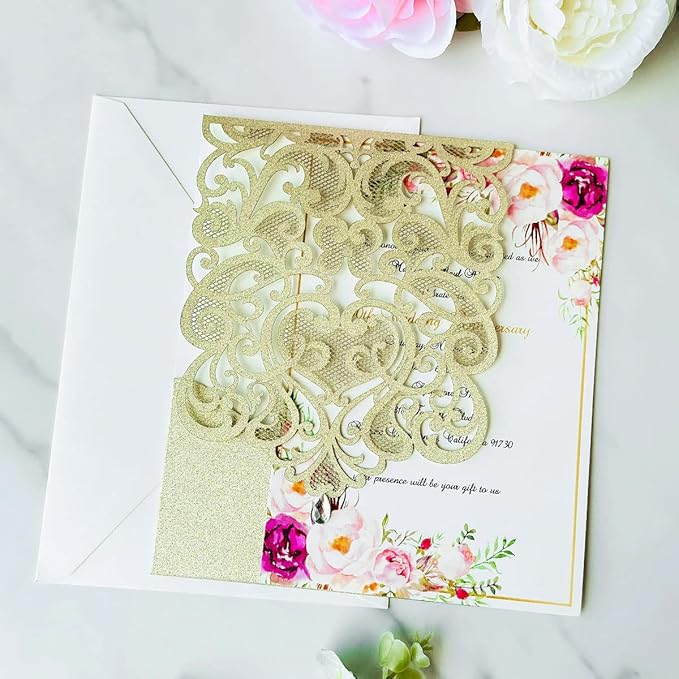 Hosmsua 50PCS Champagne Gold Wedding Invitations Kit 5 x 7.3 Inch Laser Cut Hollow Rose Rhinestone Pocket with Envelope for Wedding Bridal Shower Invite (Champagne Gold Glitter)