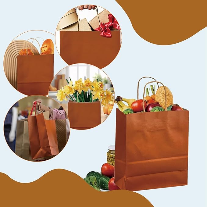BAG BOX 25 Pack Small 5.9x3.1x8.25 Inch Orange Kraft Paper Gift Bags with Handles for Bulk Shopping, Retail, Craft, Party Favors, Wedding, Grocery & Sacks