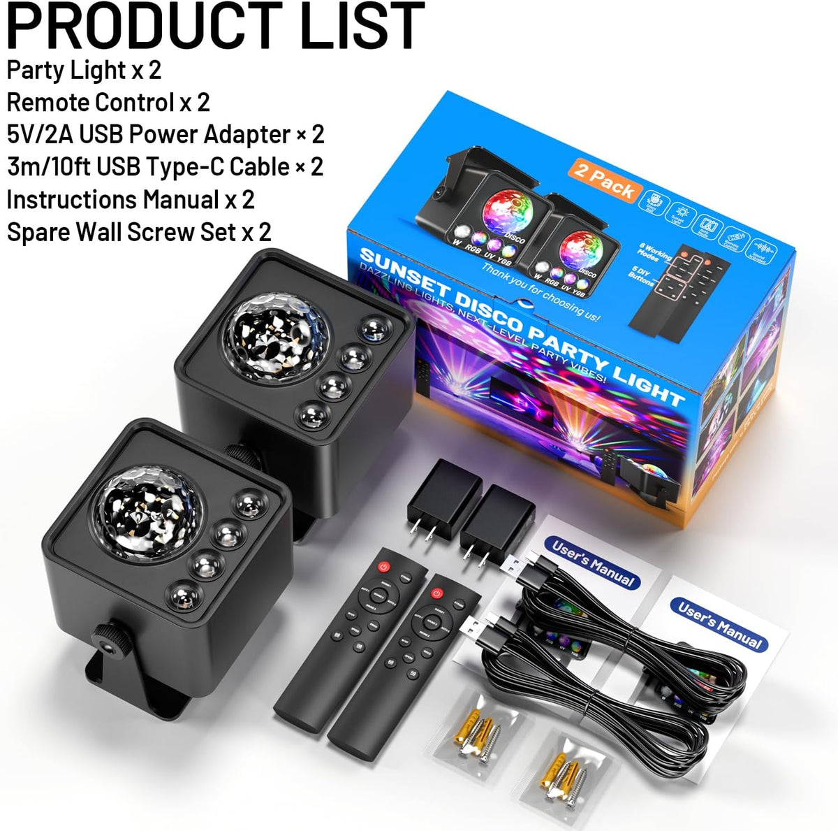 2-Pack Sunset Lamp Disco Ball Party Lights - Sound Activated LED Strobe &...