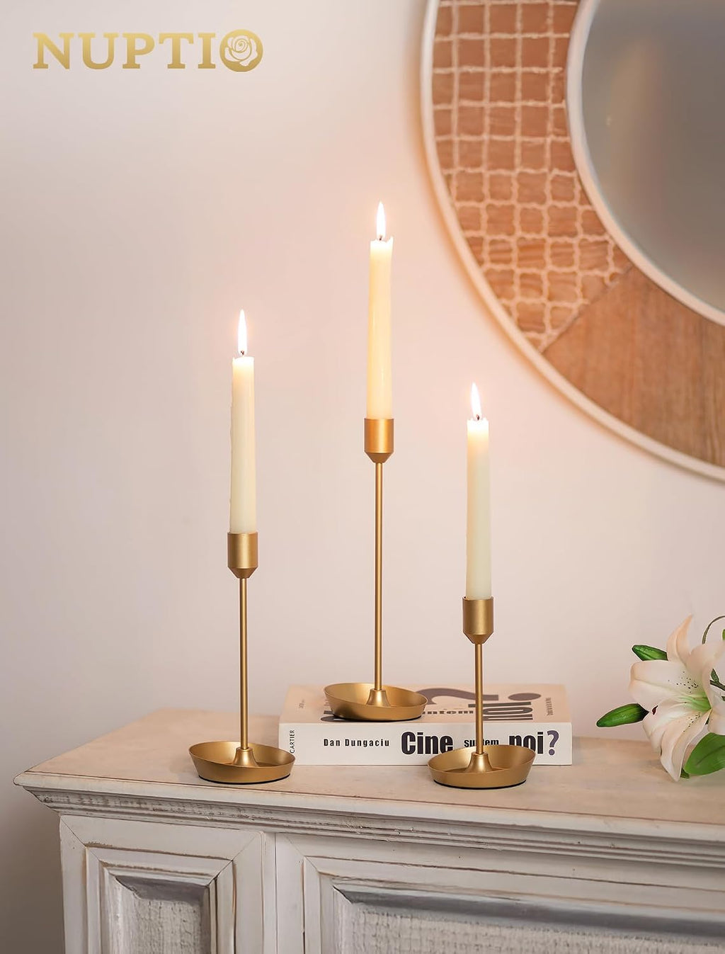 NUPTIO Taper Candle Holders for Centerpiece: Gold Candlestick Holders Bulk | 30 Pcs Tall Candleholders for Birthday Party, Brass Matte Candles Stick Decor Bulk Wax-catching Base for Table Fireplace