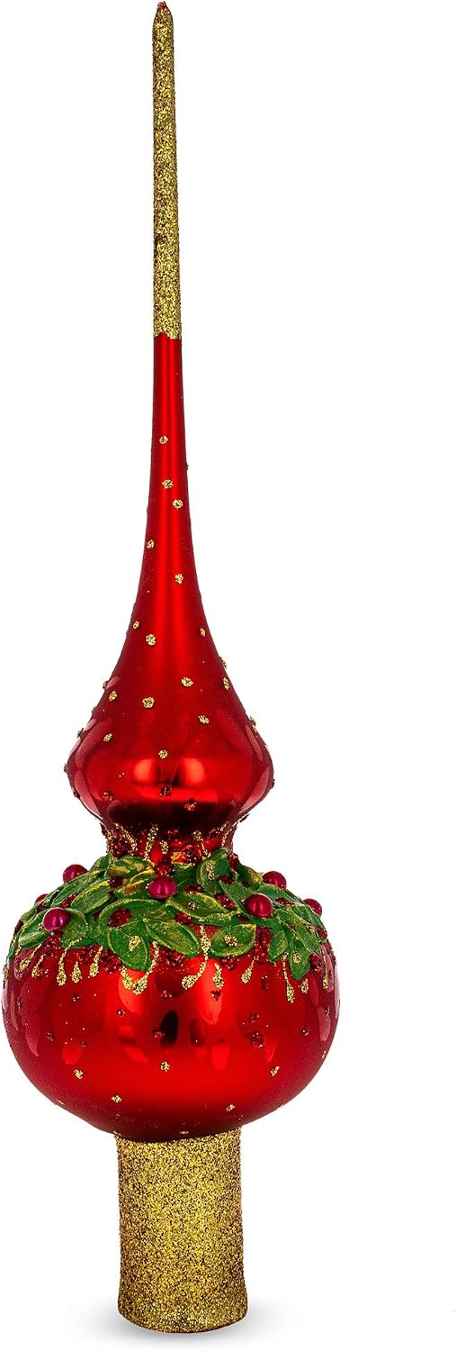 Red Pearls Poinsettia Flowers on Glossy Red Blown Glass Tree Topper